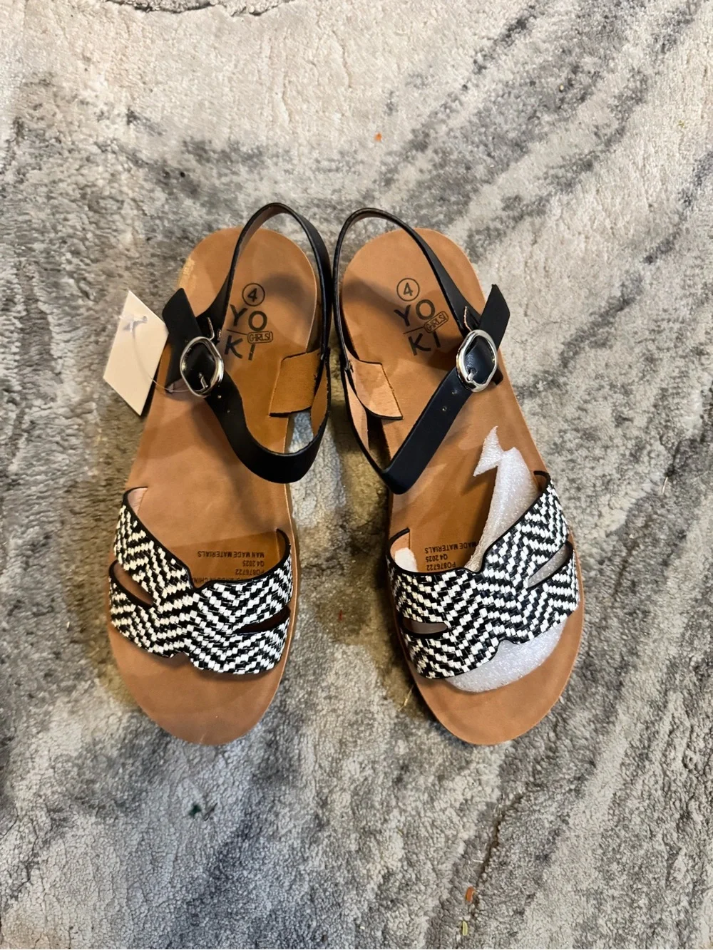 Yoki Black & White Woven Front Strap Sandals with Black Ankle Buckle